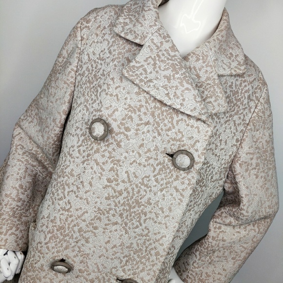 Vintage 60s Double Breasted Taupe Brocade Coat M - Picture 2 of 8